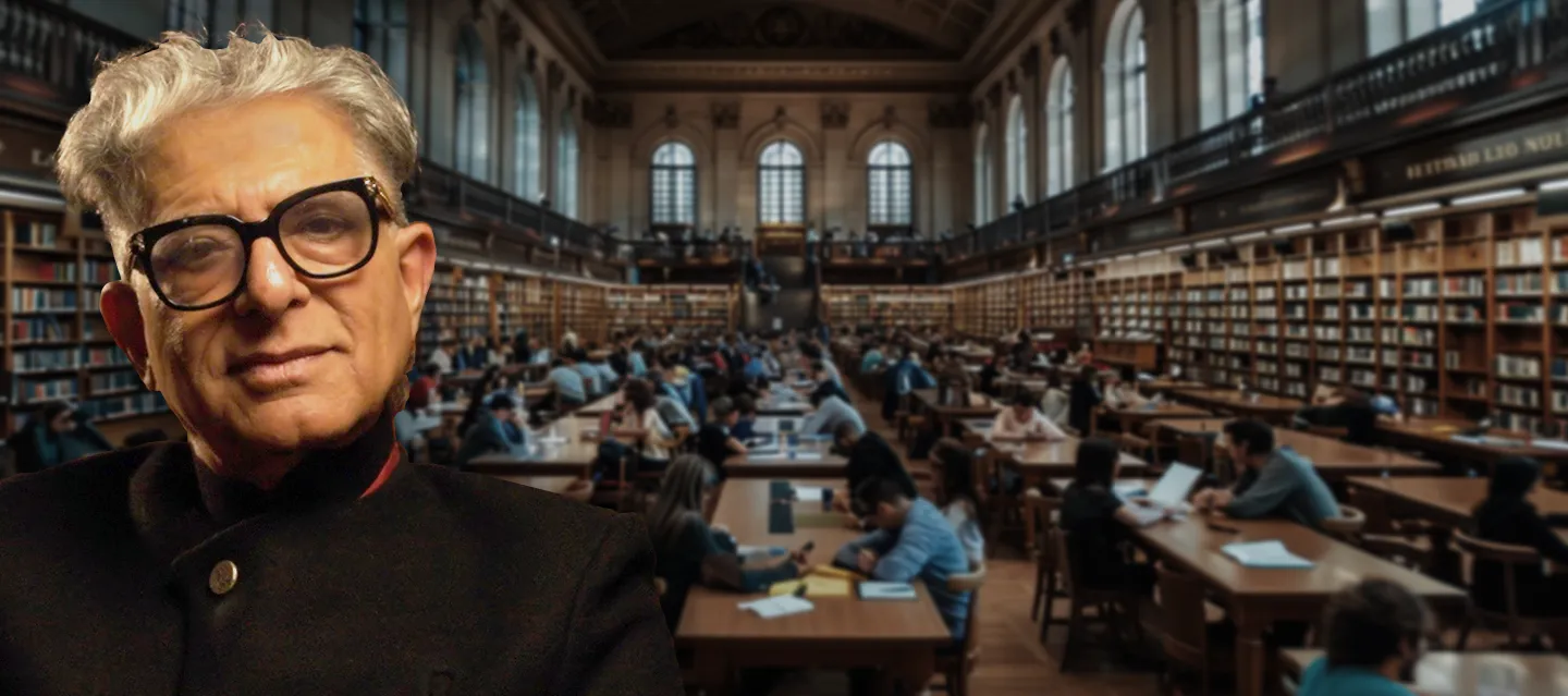 Deepak Chopra in a library with bookshelves in the background.